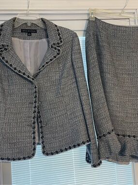 Nipon Boutique Gray Tweed Blazer and Skirt Set with Black Trim
